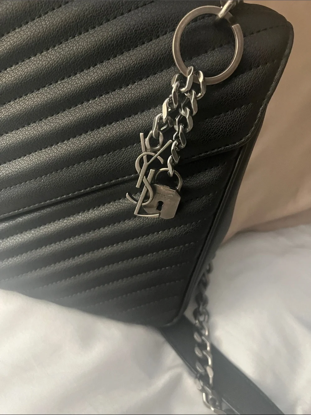 Saint Laurent Black Chevron Quilted Leather Laptop Bag with Matte Logo Strap